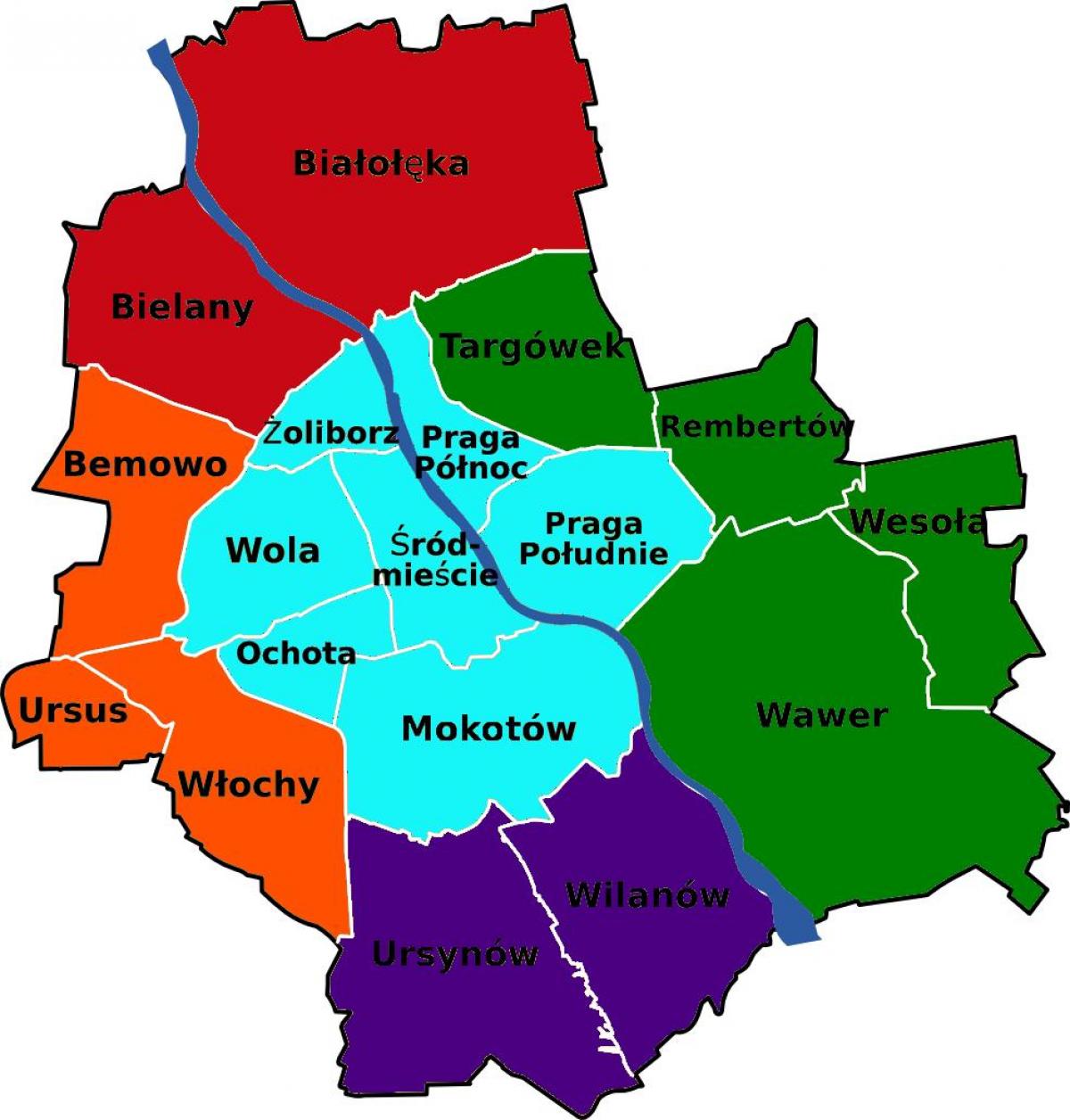 Kart av Warszawa distriktene 