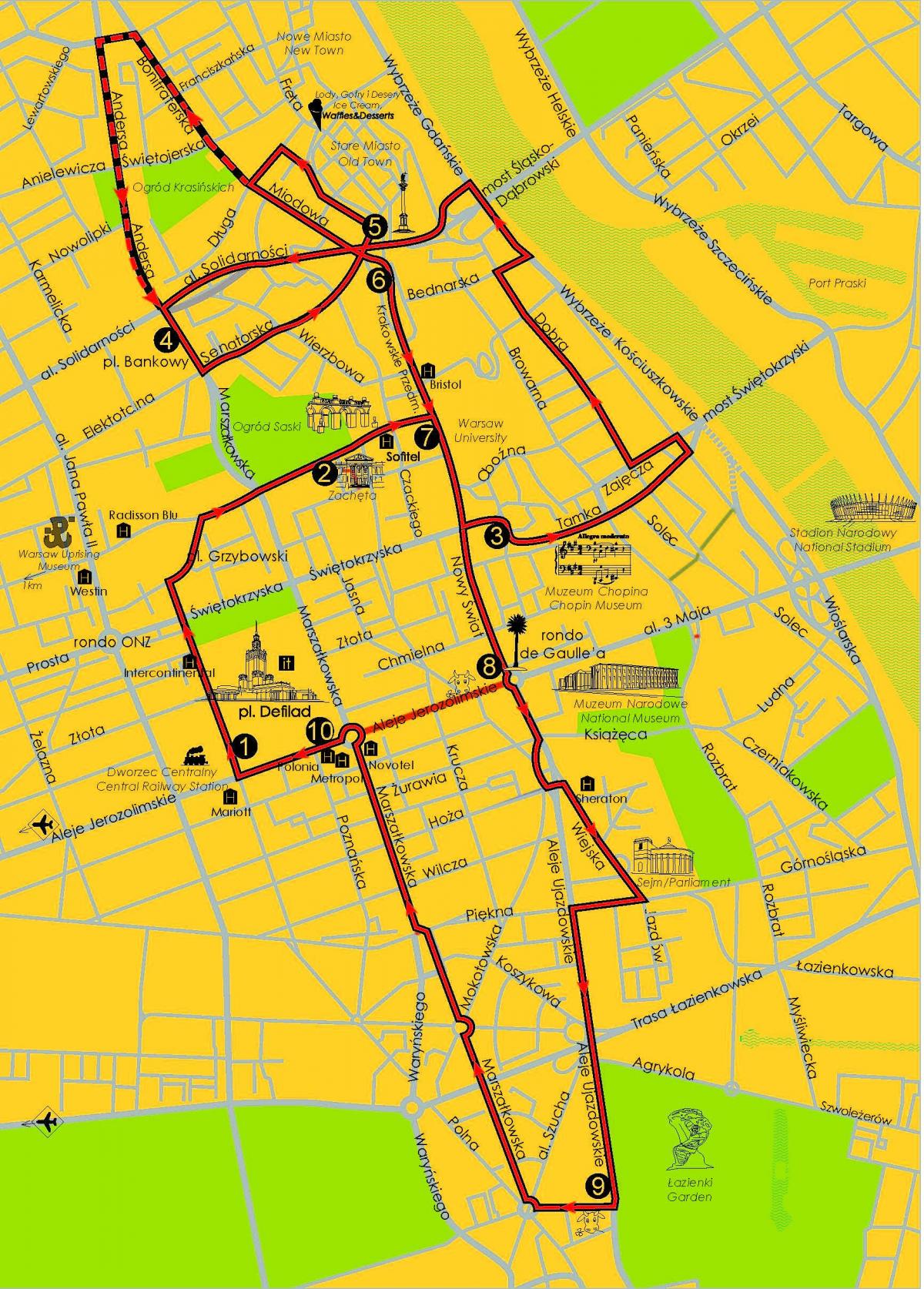 Kart av Warszawa hop on hop off buss 
