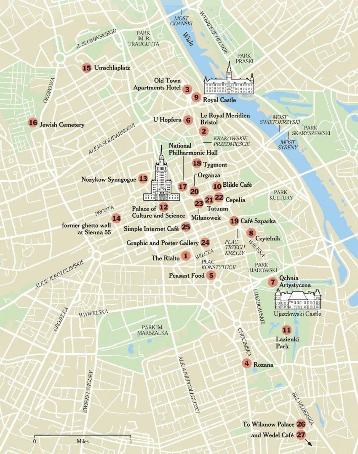 kart av Warszawa med turist-attraksjoner