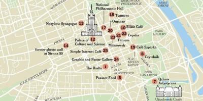 Kart av Warszawa med turist-attraksjoner